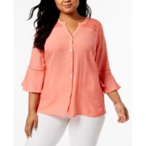 NY Collection Plus Sz 1X Pink Lace-Trim Blouse Top